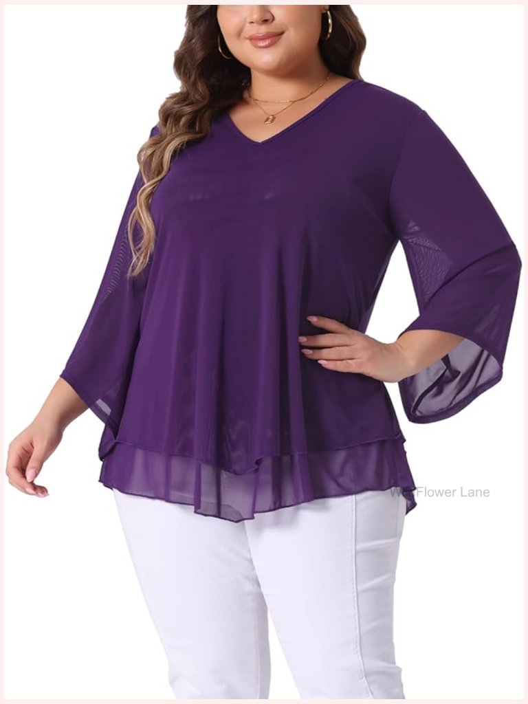 Plus Size 3/4 Sleeve Double Layer Scoop Neck Blouse Top Flowy Elegant